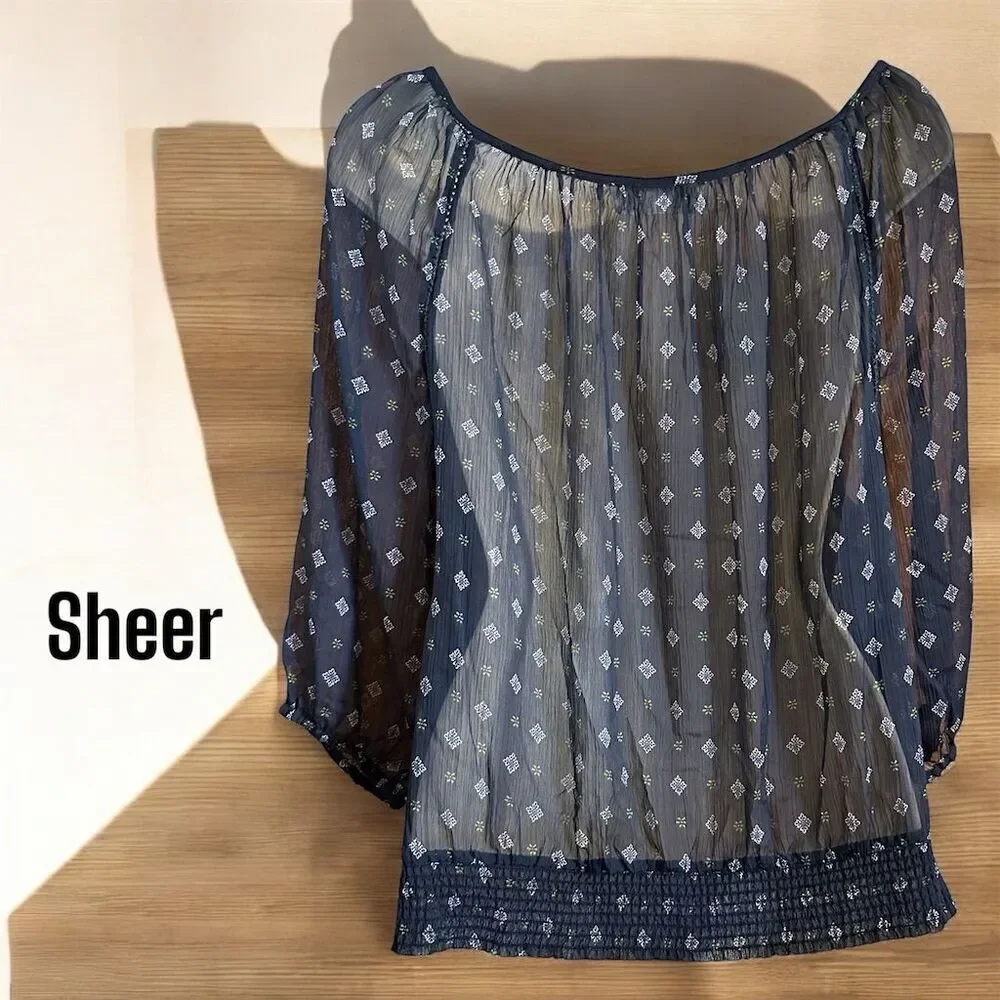 Abercrombie & Fitch Navy Sheer Smocked Peasant Top